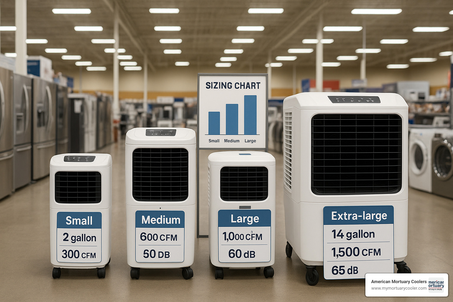 Comparison shopping scene showing different sized evaporative coolers with feature callouts and sizing charts - evaporative portable