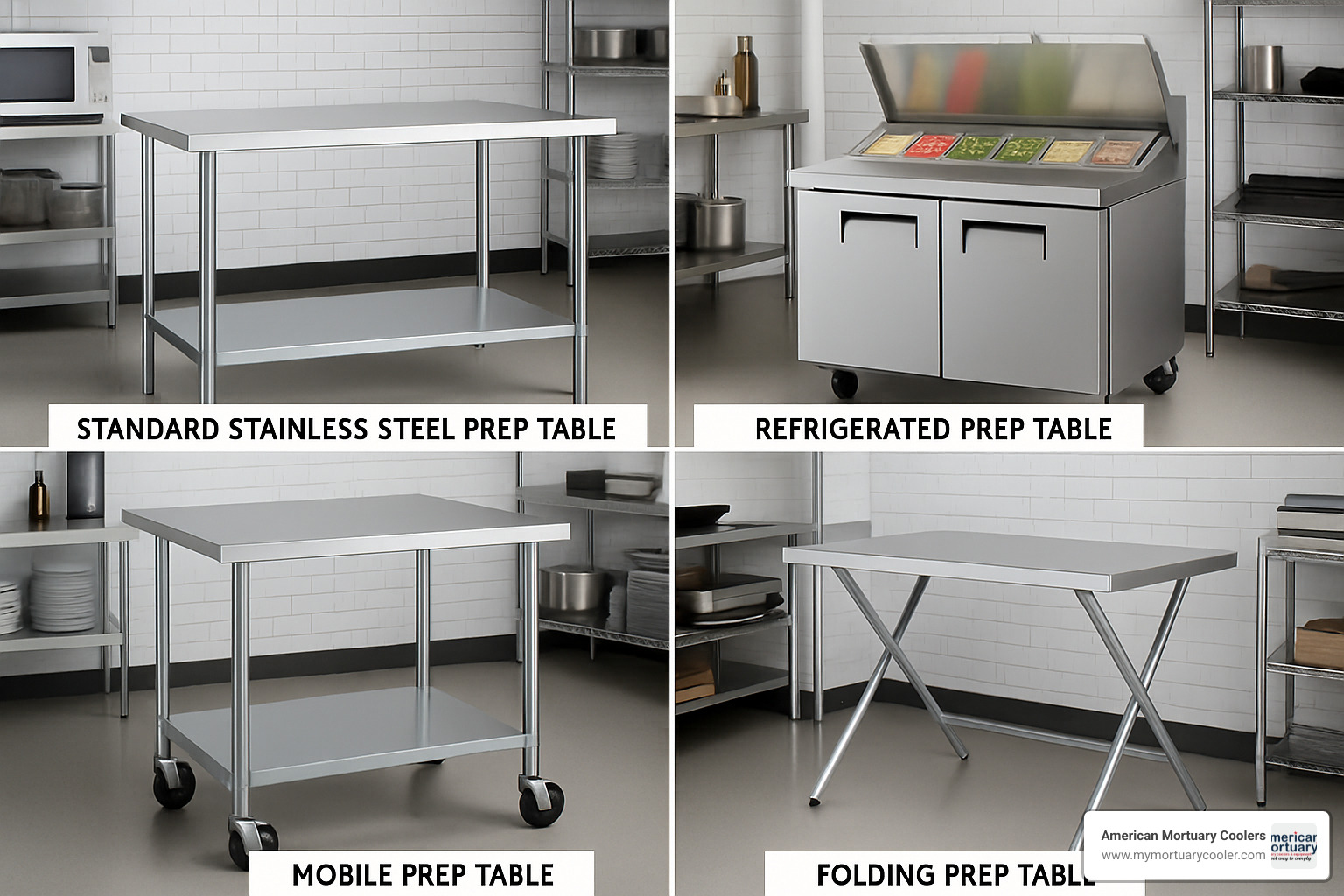 Different types of prep tables including stainless steel standard, refrigerated with ingredient rails, mobile with casters, and folding models - prep table