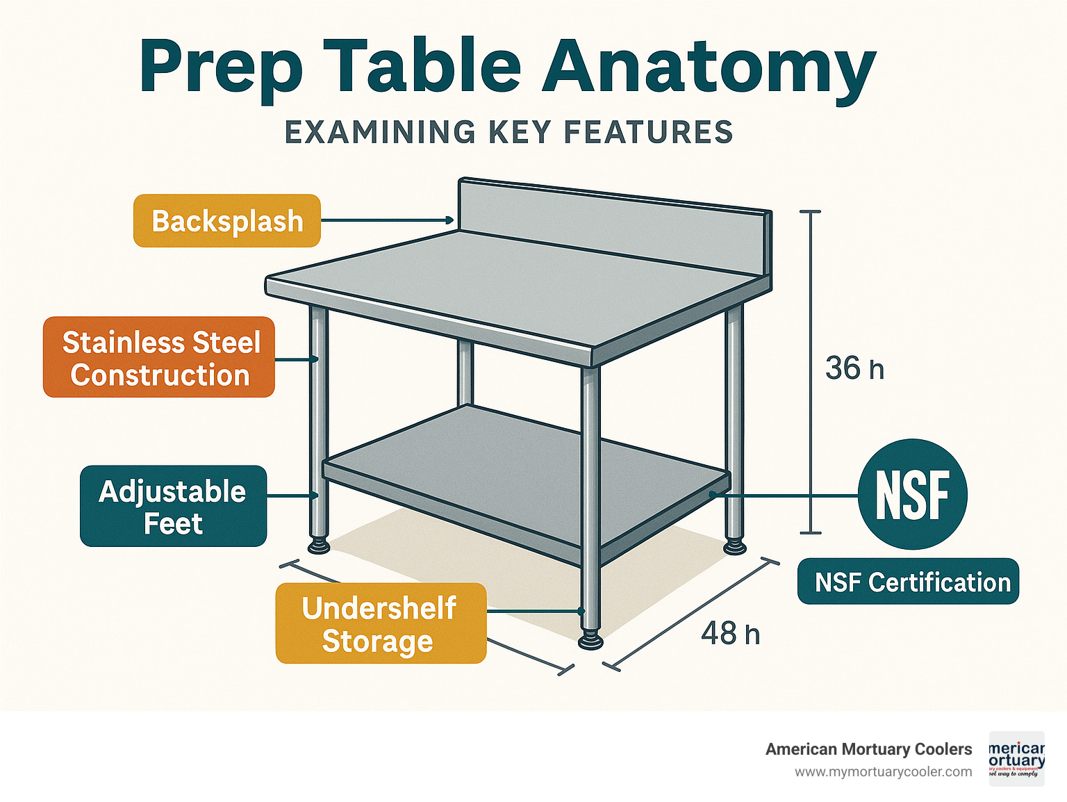 Detailed prep table anatomy showing stainless steel construction, undershelf storage, backsplash, adjustable feet, and NSF certification placement with measurements and key features labeled - prep table infographic 