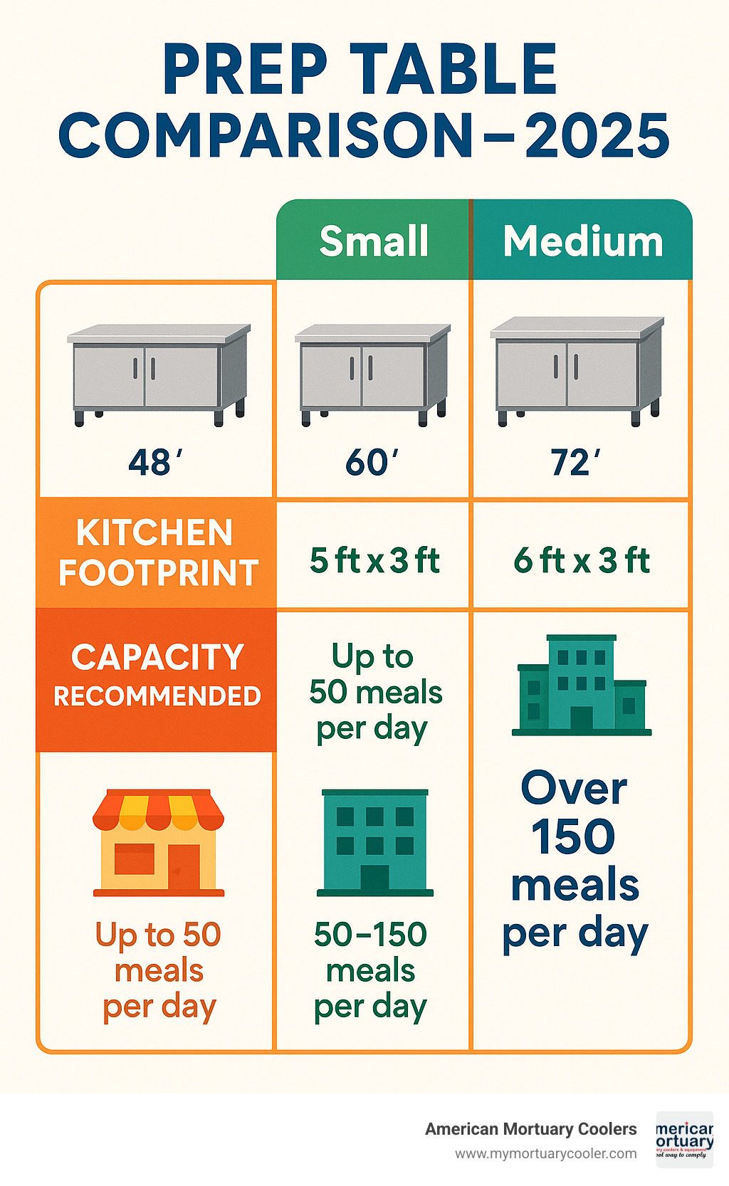 Comparison chart showing prep table dimensions, kitchen footprint requirements, and capacity recommendations for different operation sizes - prep table infographic 