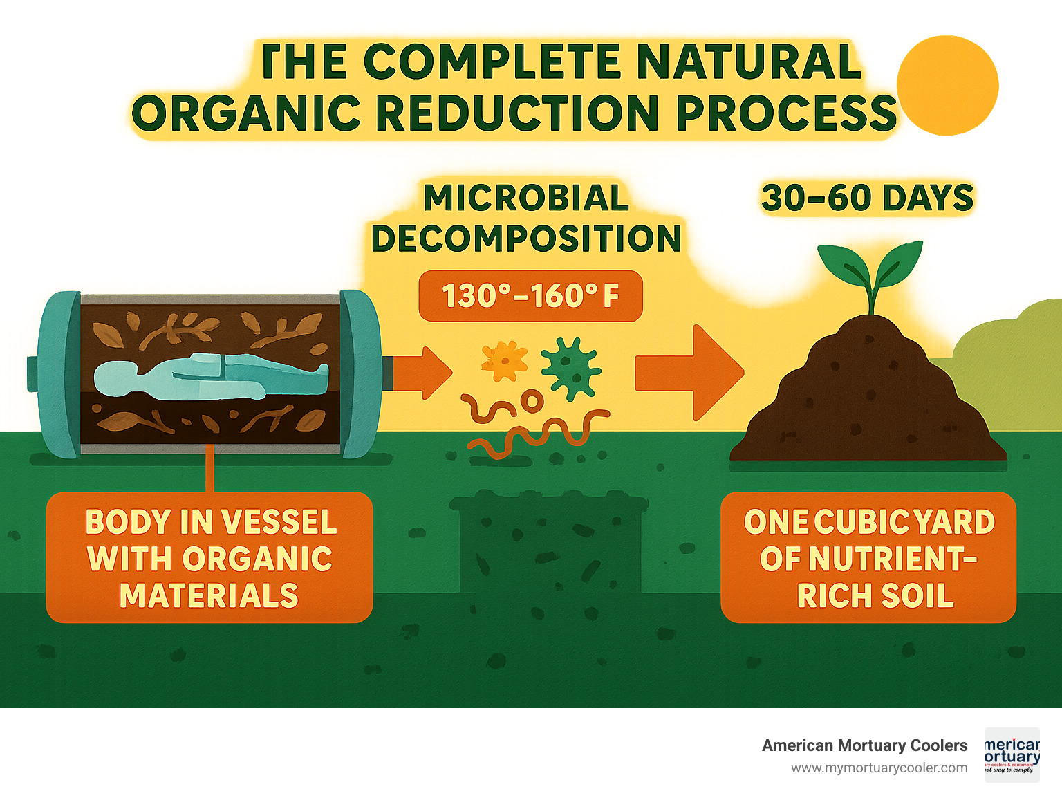 Infographic showing the complete natural organic reduction process from body placement in vessel with organic materials through microbial decomposition at 130-160°F over 30-60 days resulting in one cubic yard of nutrient-rich soil - natural organic reduction infographic 