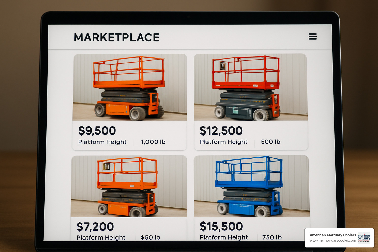 online marketplace search results showing various scissor lift listings with prices and specifications - buy scissor lift