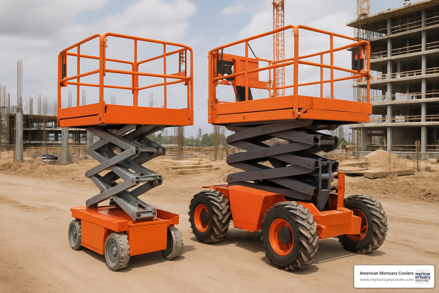 electric scissor lift next to diesel rough terrain scissor lift showing size and design differences - buy scissor lift