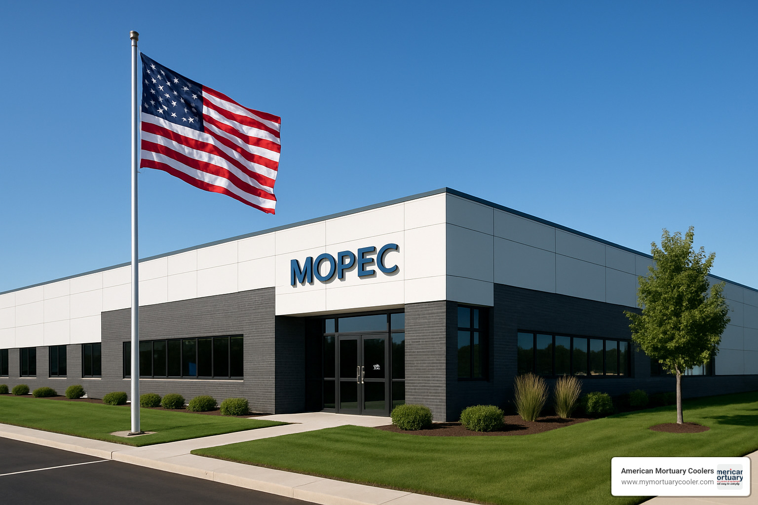 Mopec headquarters building in Madison Heights Michigan showing modern manufacturing facility with American flag - mopec