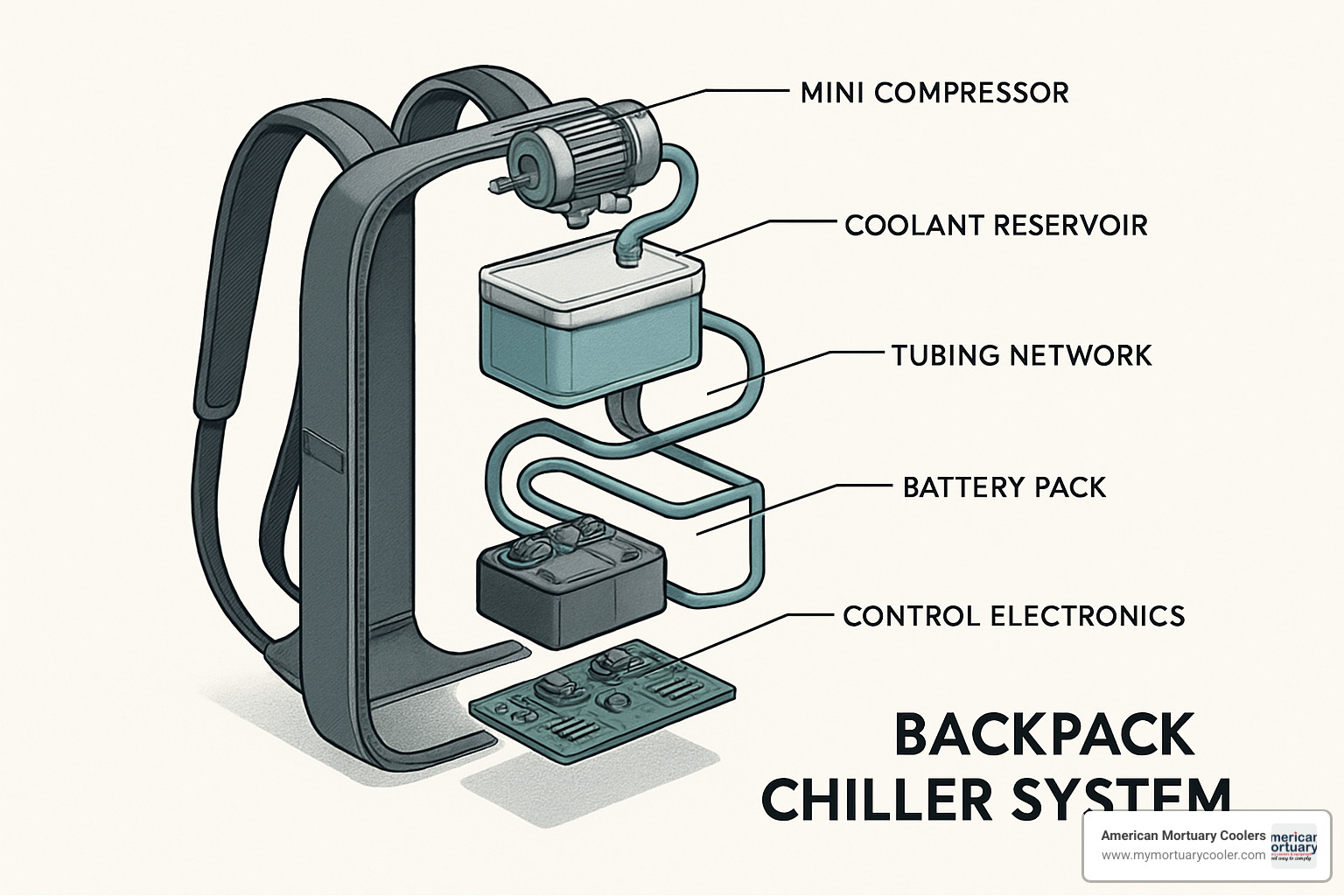exploded view of backpack chiller - person refrigerated cooling system