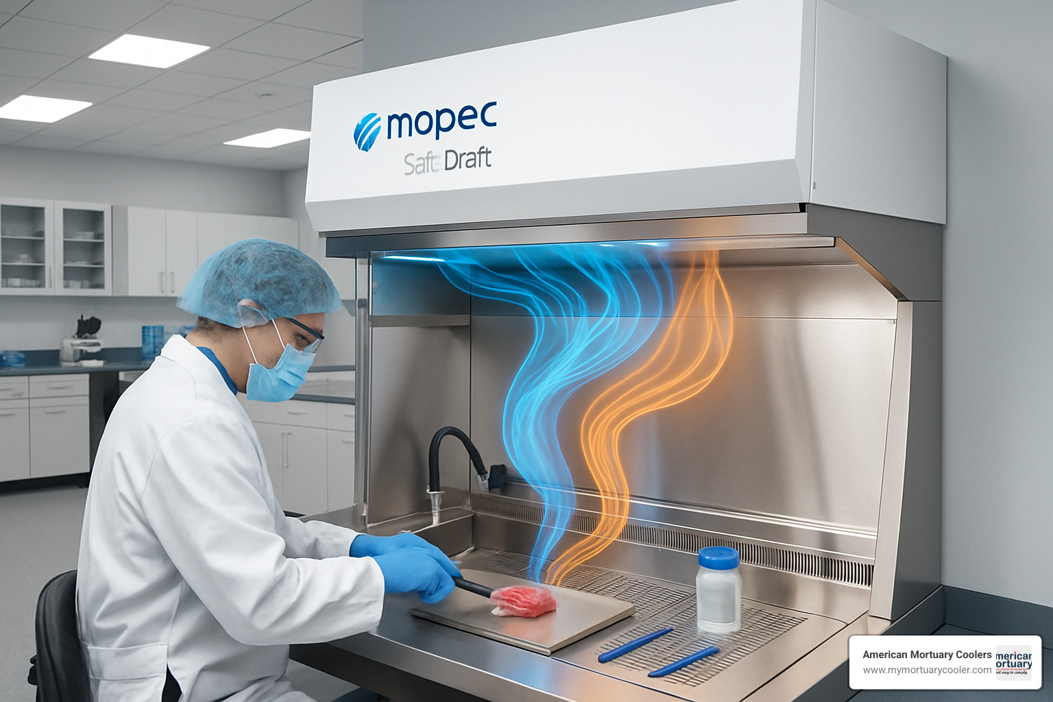 Laboratory safety equipment showing SafeDraft ventilation system in operation with visible airflow patterns - mopec
