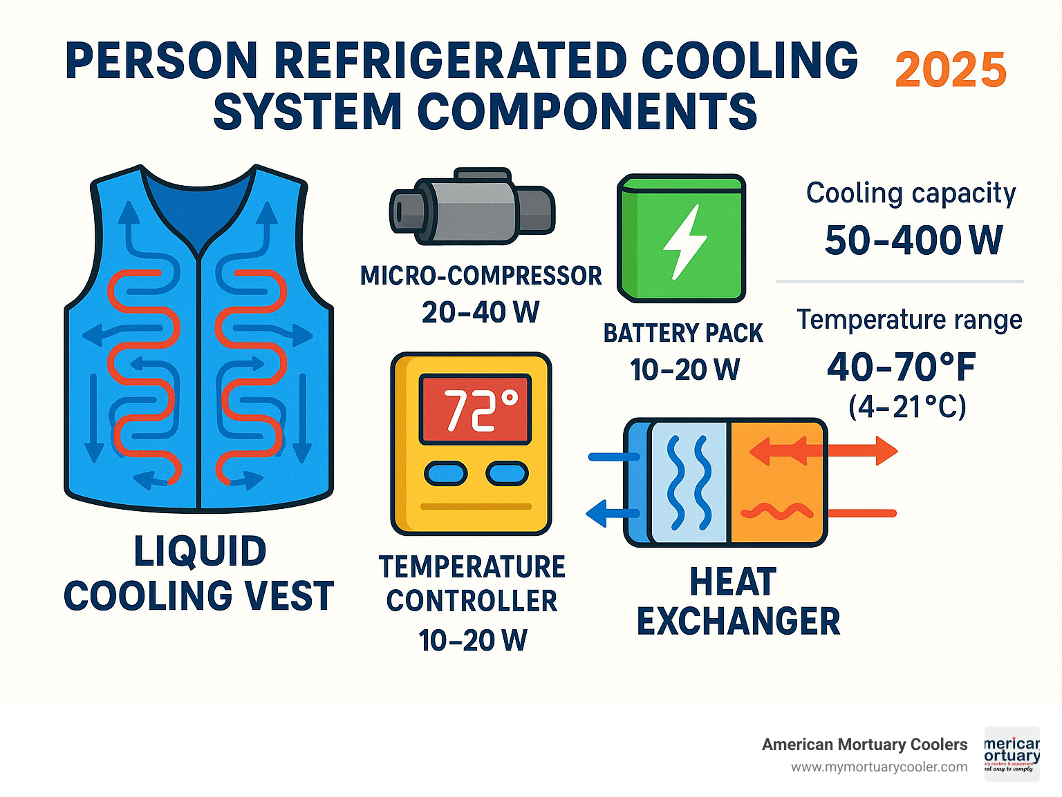 Comprehensive breakdown of person refrigerated cooling system components including micro-compressor, battery pack, liquid cooling vest, temperature controller, and heat exchanger with performance specifications and power consumption data - person refrigerated cooling system infographic 
