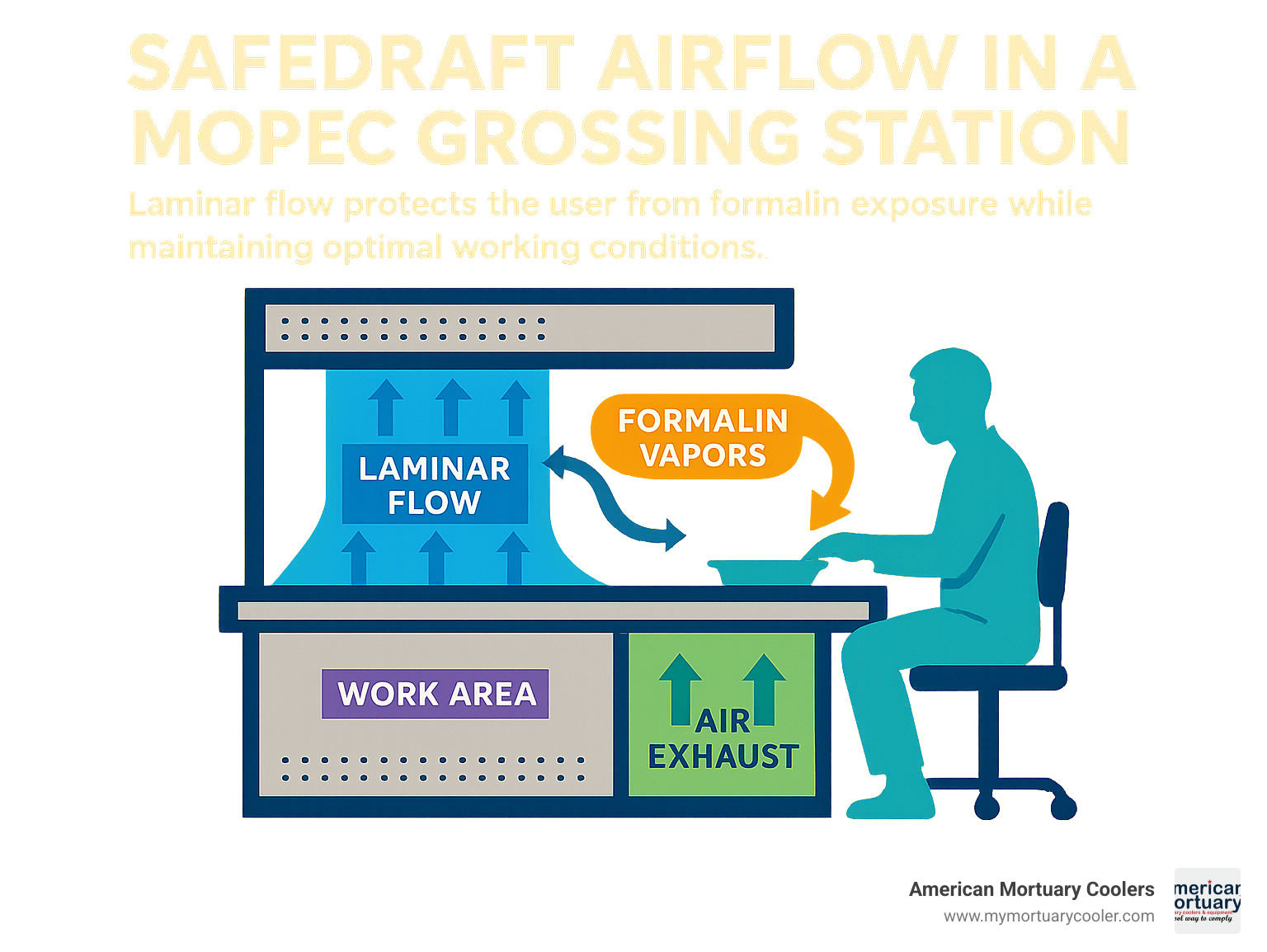 Detailed infographic illustrating SafeDraft airflow patterns in a Mopec grossing station, showing how laminar flow protects users from formalin exposure while maintaining optimal working conditions - mopec infographic 