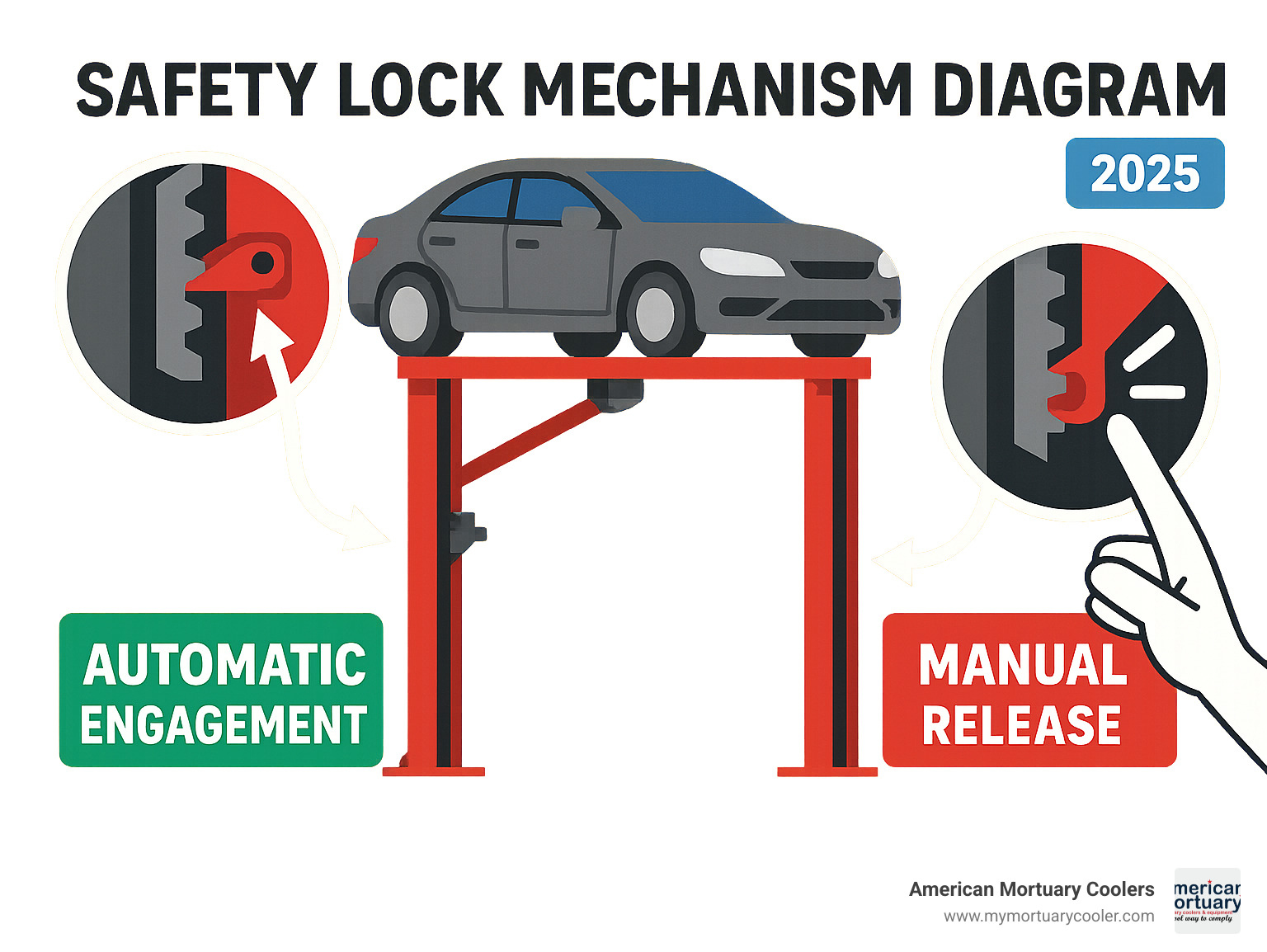 safety lock mechanism diagram showing automatic engagement and manual release procedures for car lift systems - car lift for garage infographic 