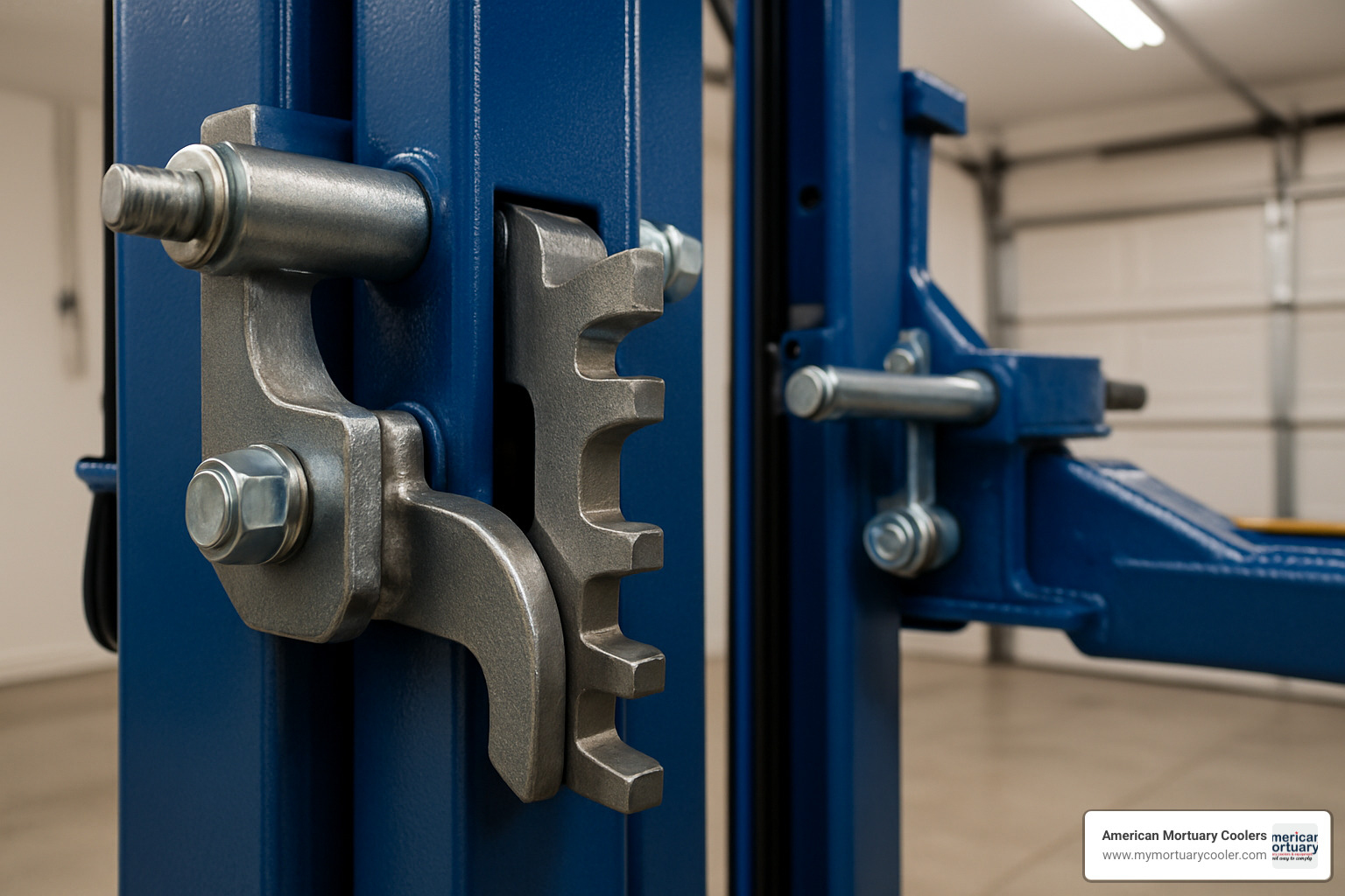 close-up view of mechanical safety locks on auto lift - auto lift in garage close-up view of mechanical safety locks on auto lift - auto lift in garage
