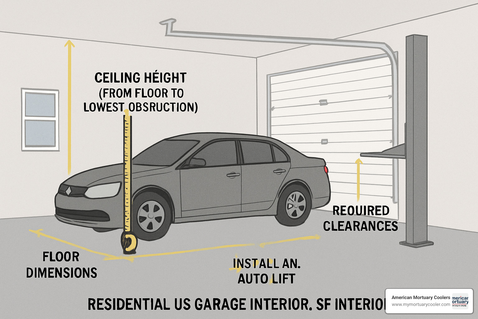 garage measurement diagram showing ceiling height, floor dimensions, and clearance requirements - auto lift in garage garage measurement diagram showing ceiling height, floor dimensions, and clearance requirements - auto lift in garage