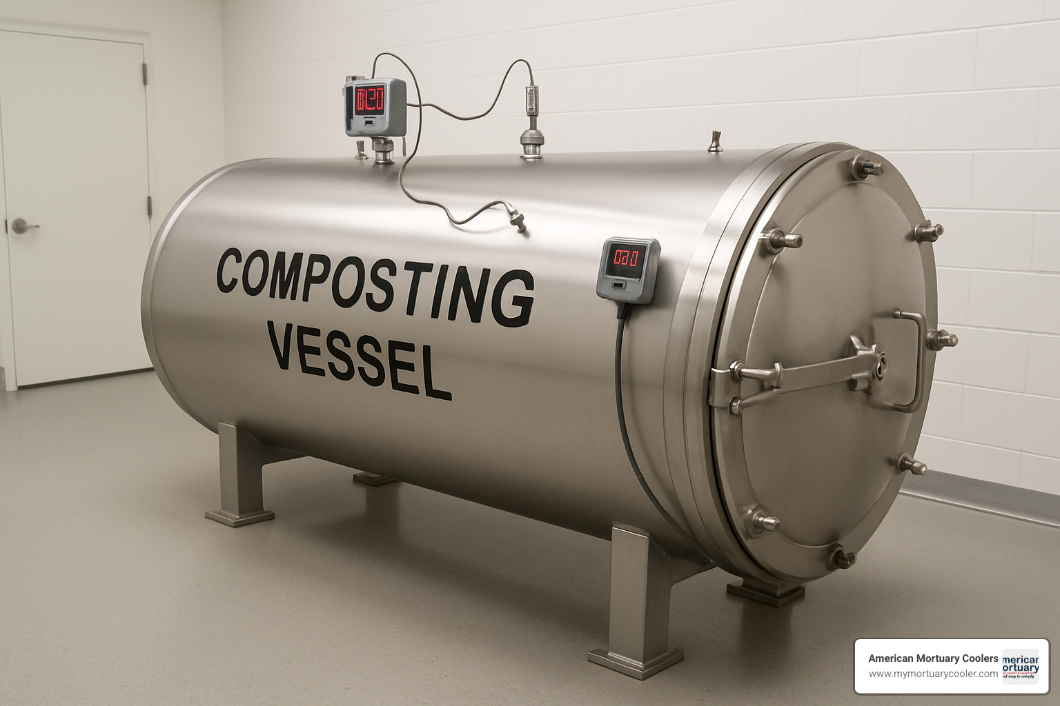 Image of a sealed steel composting vessel with temperature monitoring equipment - where is body composting legal