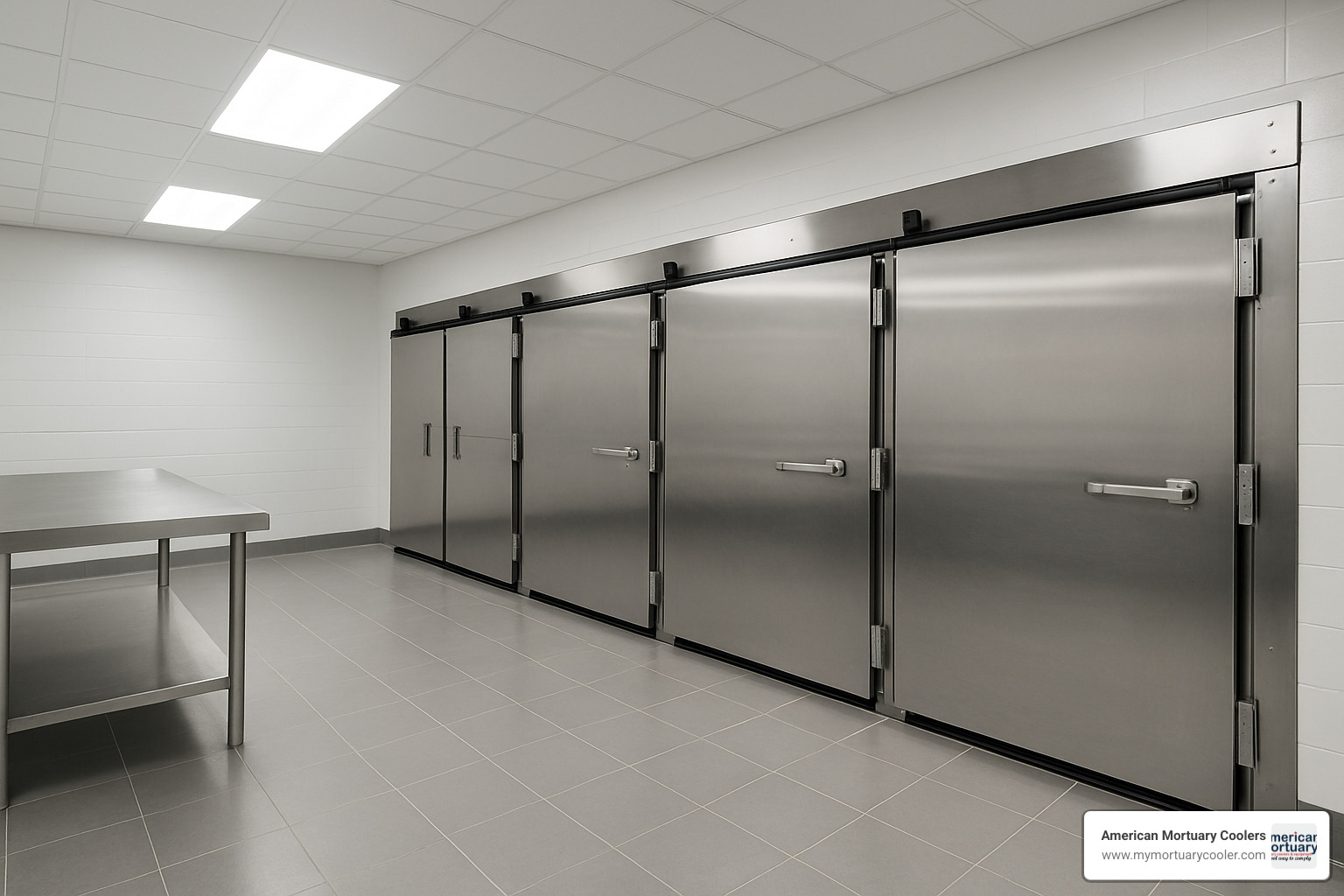 Modern mortuary facility with professionally installed sliding cooler doors showcasing clean lines and efficient operation - sliding cooler door