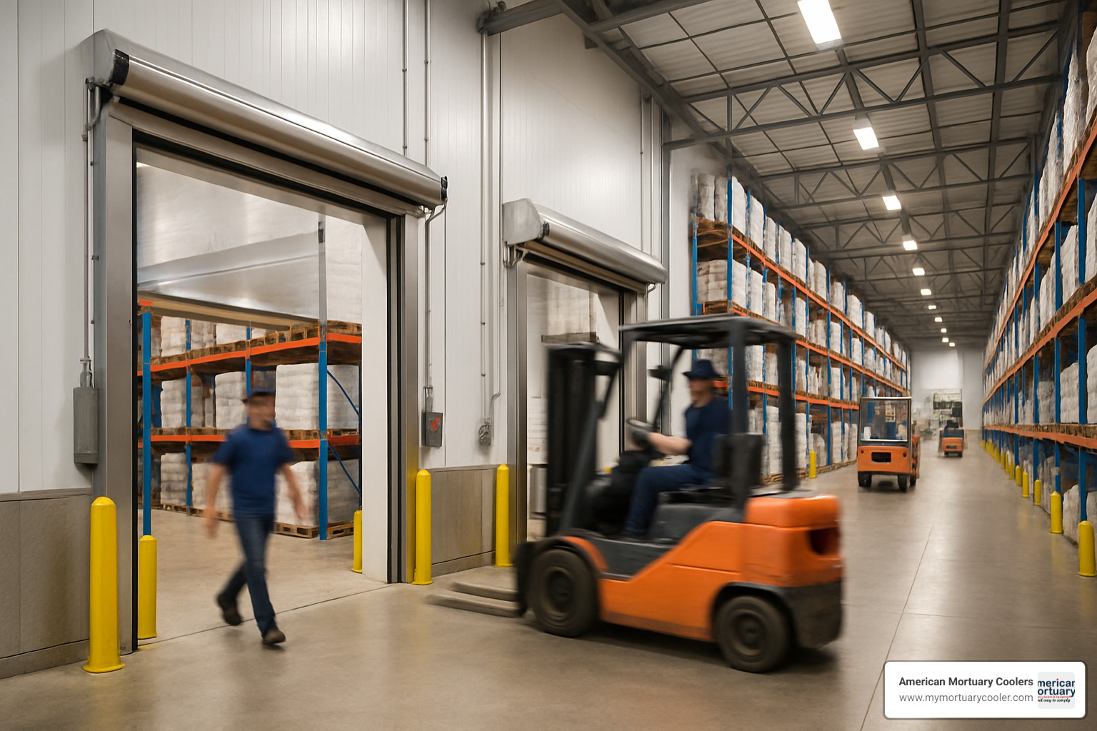 Commercial cold storage facility showing sliding doors in operation with forklifts and staff moving efficiently through clear aisles - sliding cooler door