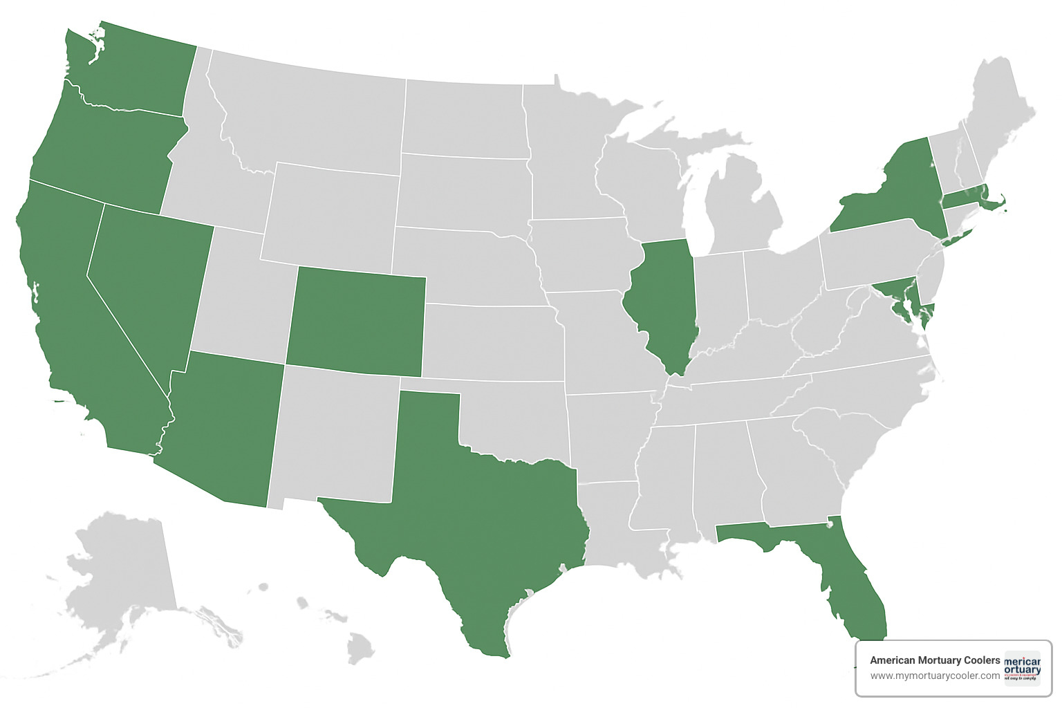 Map of United States highlighting the 12 states where human composting is legal - where is body composting legal