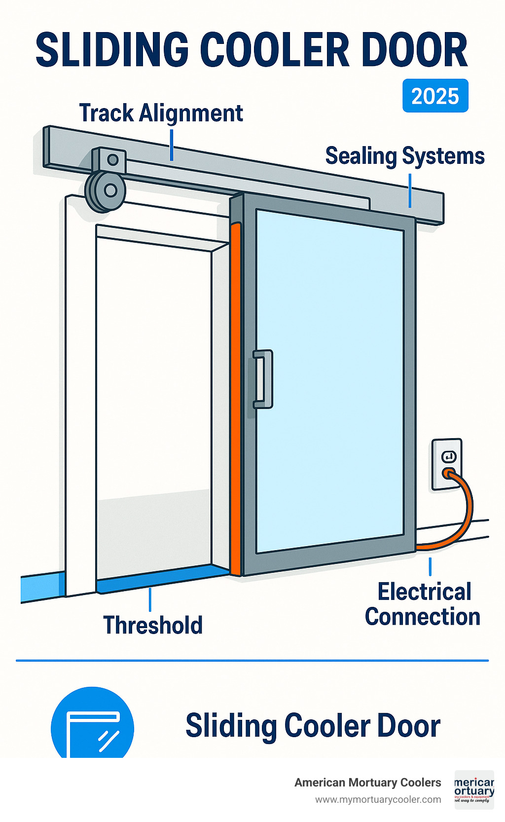 Detailed technical diagram showing sliding cooler door installation components including track alignment, sealing systems, and electrical connections - sliding cooler door infographic 