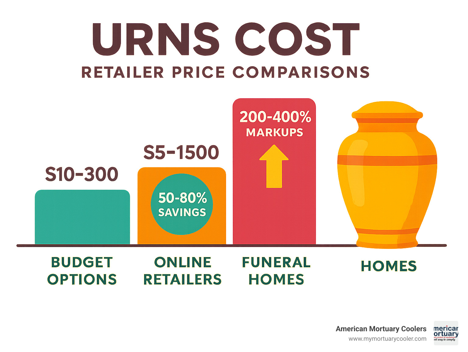 Retailer price comparison chart showing funeral home markups of 200-400% versus online retailers offering 50-80% savings, with big box stores like Walmart, Costco, and Amazon providing budget options from $10-300 - urns cost infographic 
