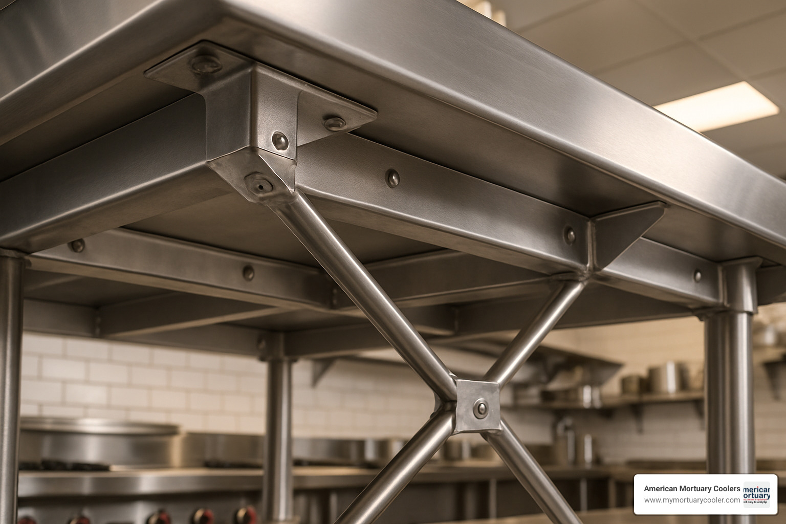 Close-up image showing hat channel reinforcement underneath a steel prep table with visible cross-bracing and gusset details - steel prep table