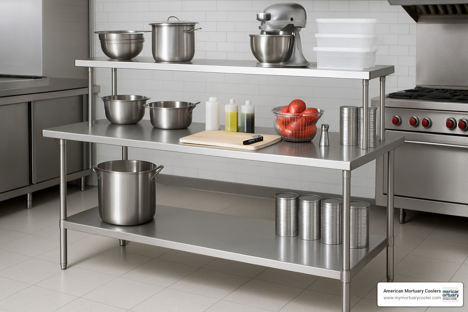 Steel prep table with double overshelf configuration showing maximum vertical storage utilization - steel prep table