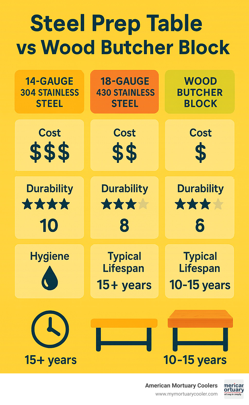 Comparison infographic showing 14-gauge 304 stainless steel vs 18-gauge 430 stainless steel vs wood butcher block, displaying cost, durability ratings, hygiene scores, and typical lifespan - steel prep table infographic 