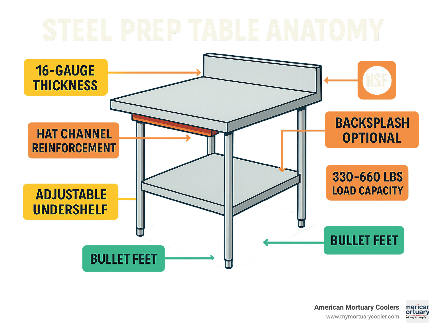 Detailed infographic showing steel prep table anatomy with labeled components including gauge thickness, undershelf adjustability, backsplash options, bullet feet, hat channel reinforcement, NSF certification placement, and load capacity specifications - steel prep table infographic 