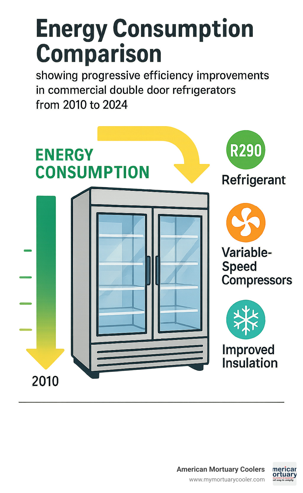 Energy consumption comparison showing progressive efficiency improvements in commercial double door refrigerators from 2010 to 2024, highlighting the impact of R290 refrigerant adoption, variable speed compressors, and improved insulation technologies on reducing operational costs - commercial double door refrigerator infographic 