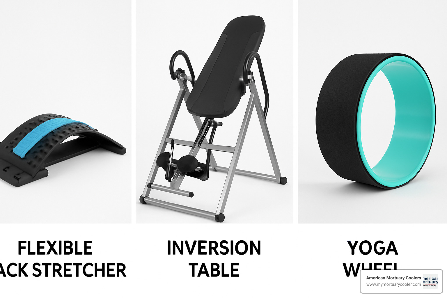Side-by-side comparison of flexible back stretcher, inversion table, and yoga wheel - flexible back stretcher
