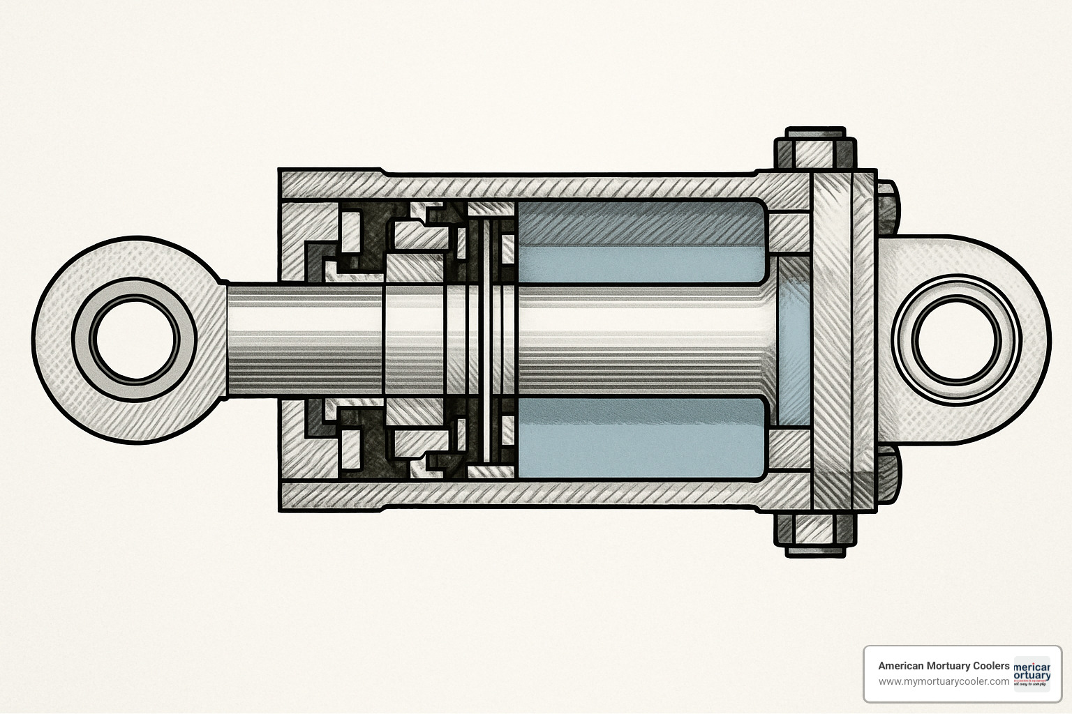 sectional view of hydraulic cylinder showing piston, seals, and fluid chambers - hydrau lift