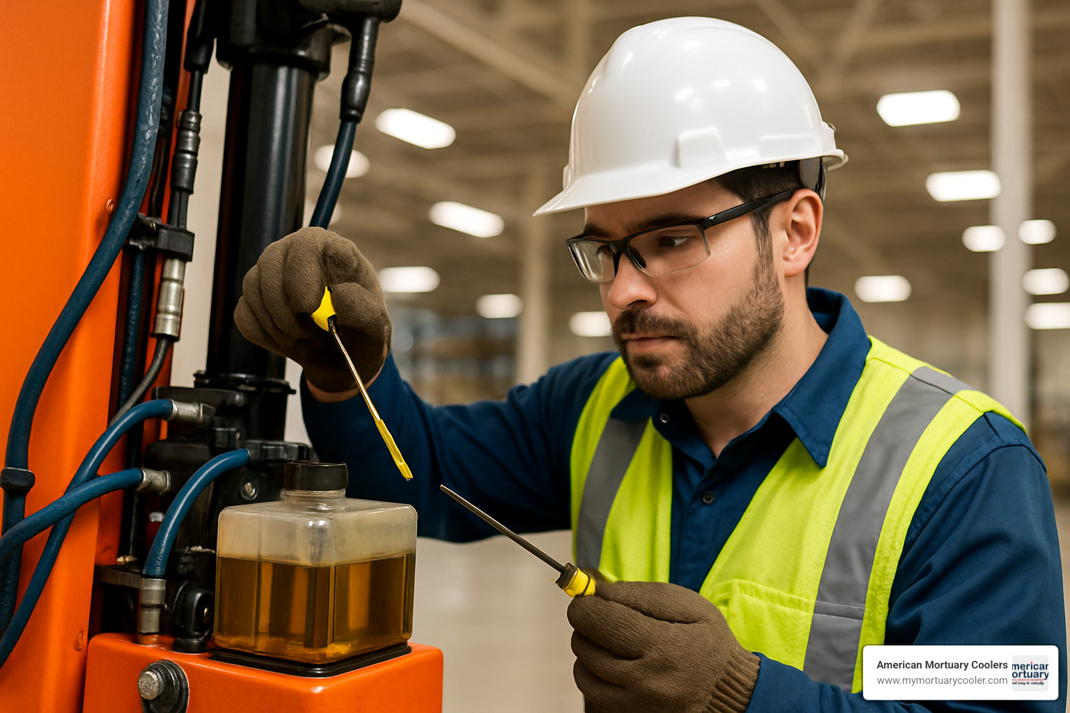 technician checking hydraulic oil level and quality - hydrau lift