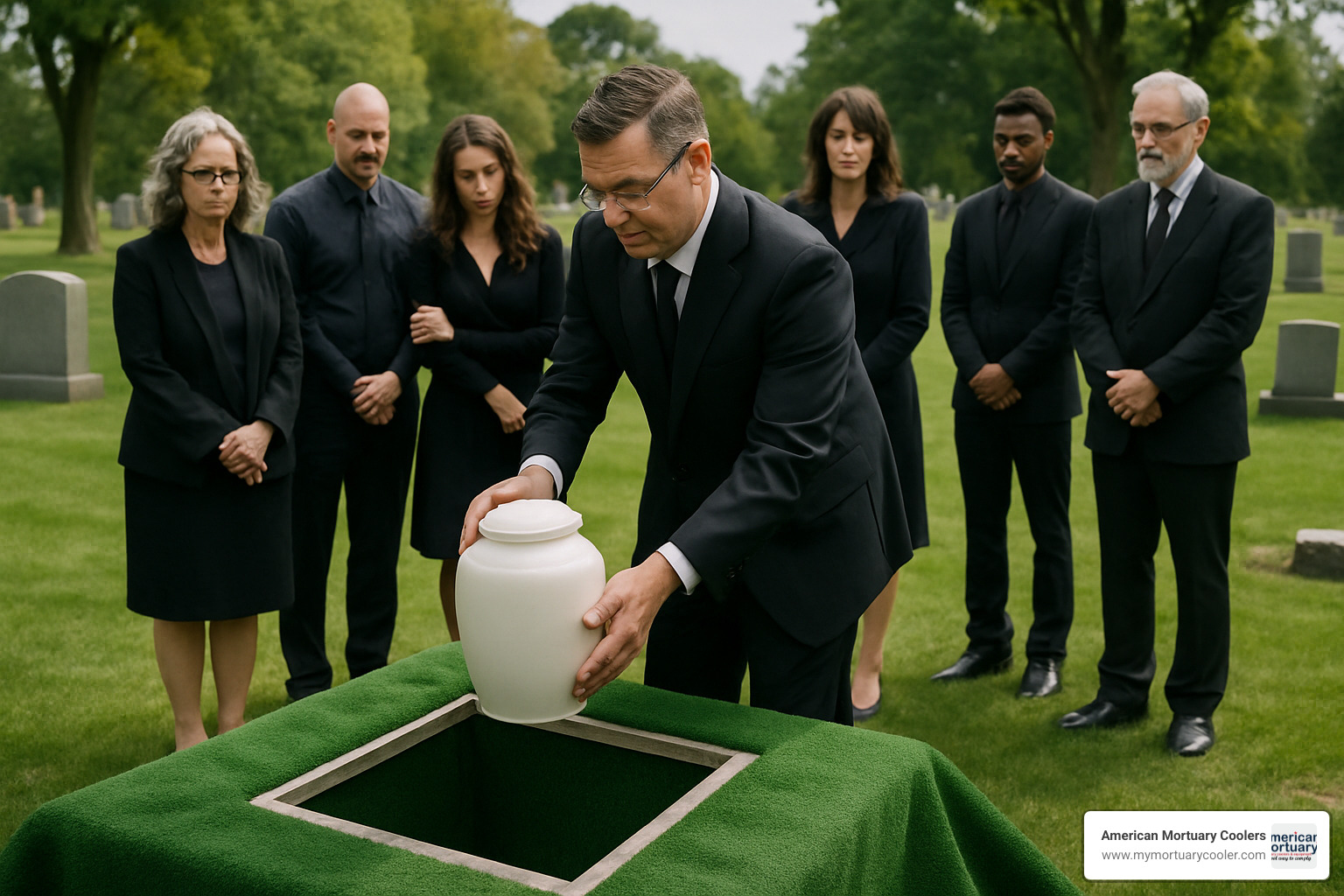Respectful scene of urn being lowered into vault during burial ceremony - burial urns for ashes