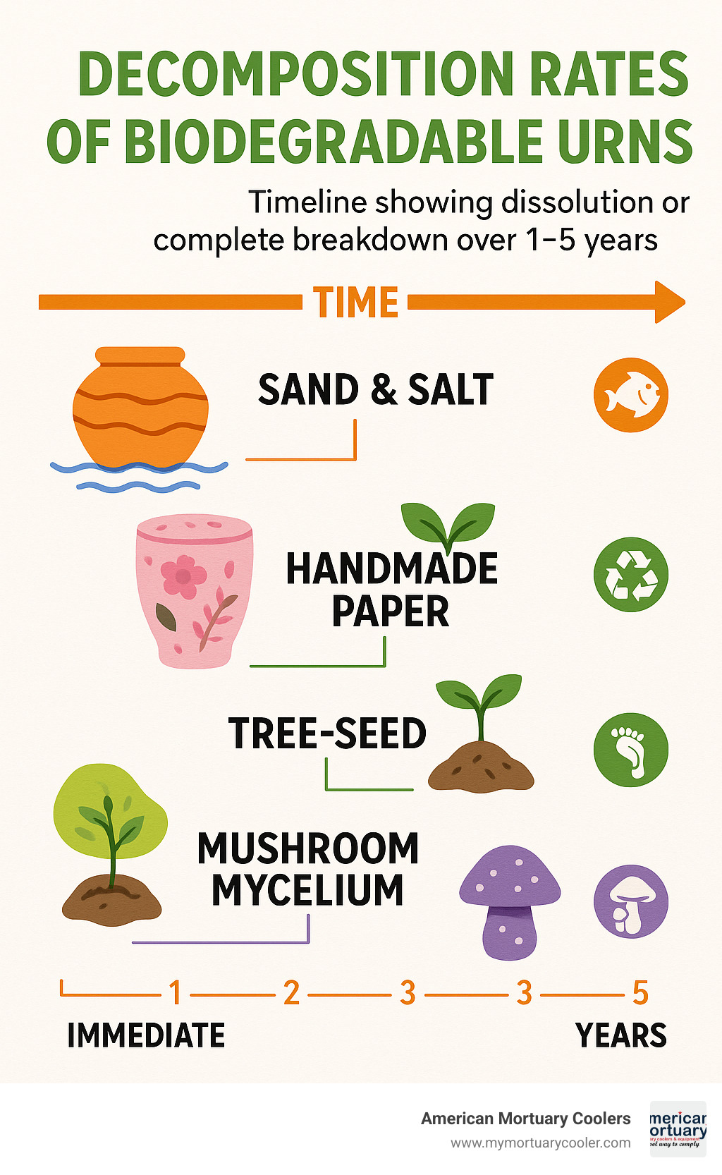 Timeline showing decomposition rates of different biodegradable urn materials from immediate dissolution to complete breakdown over 1-5 years with environmental impact indicators - burial urns for ashes infographic 