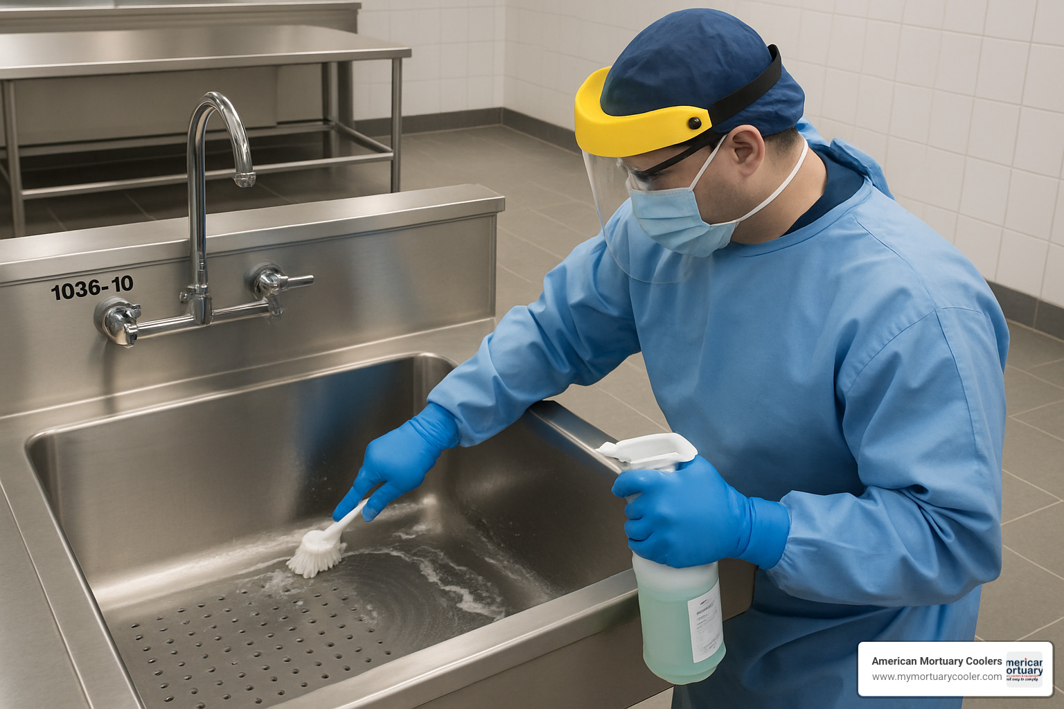 Technician demonstrating proper cleaning technique for 1036-10 autopsy station, showing attention to corner cleaning and proper sanitization protocol - 1036-10