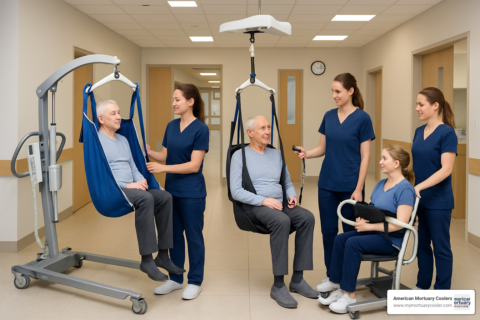 Various types of patient lifts including mobile floor lifts, ceiling lifts, and sit-to-stand models - patient lift 