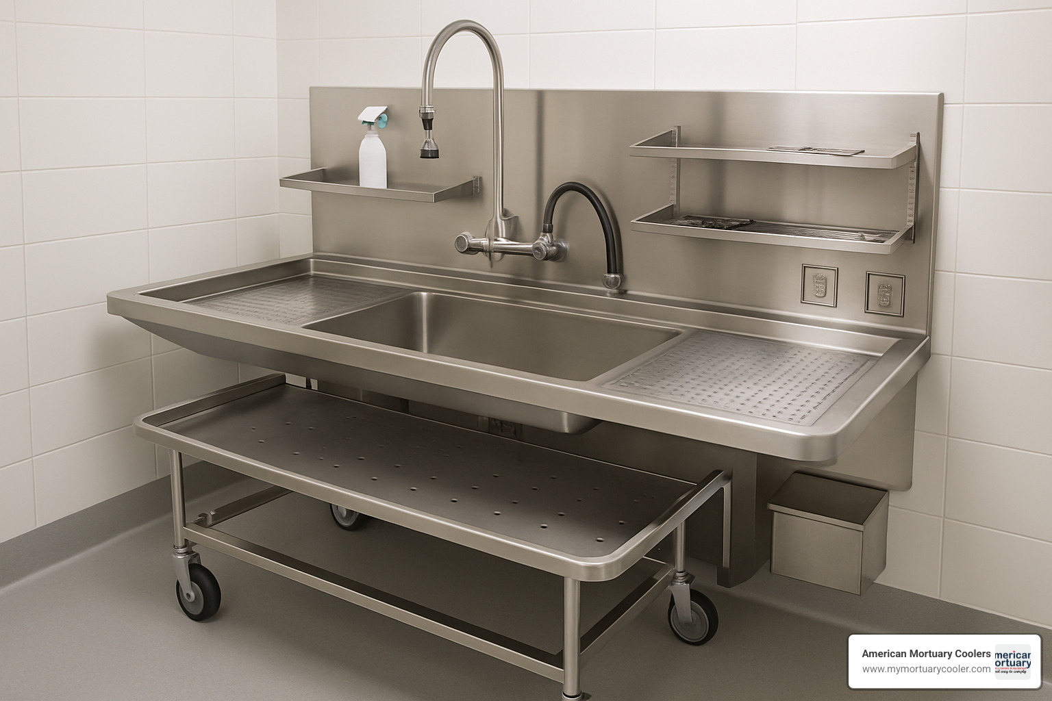 Wall-mounted autopsy sink with integrated cart docking system - autopsy sinks