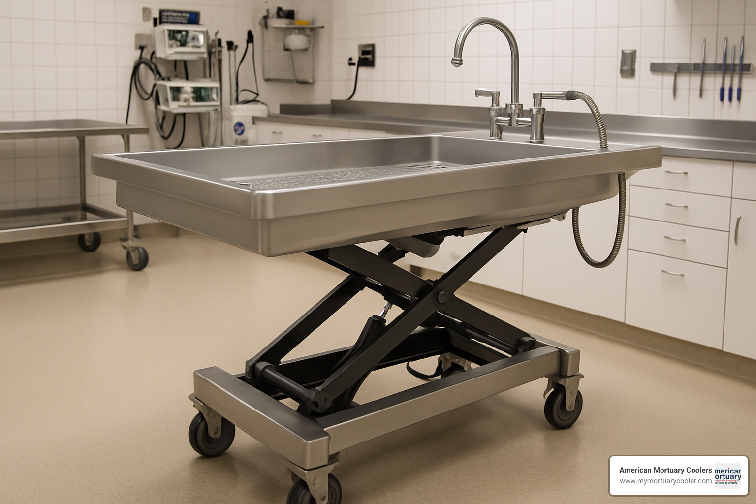 Hydraulic lift mechanism on elevating autopsy sink - autopsy sinks