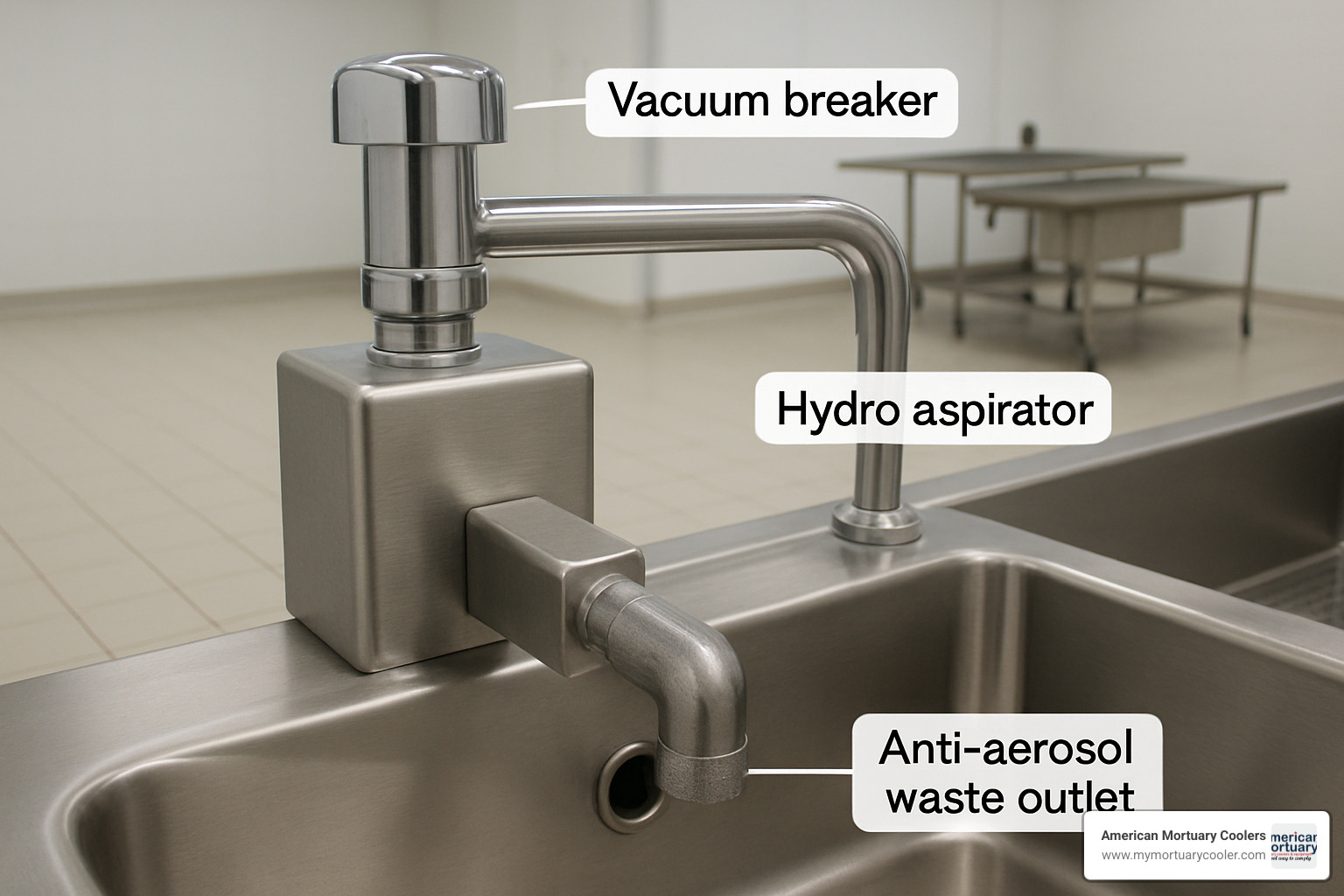 Close-up view of hydro aspirator system with vacuum breaker and anti-aerosol waste outlet - autopsy sinks