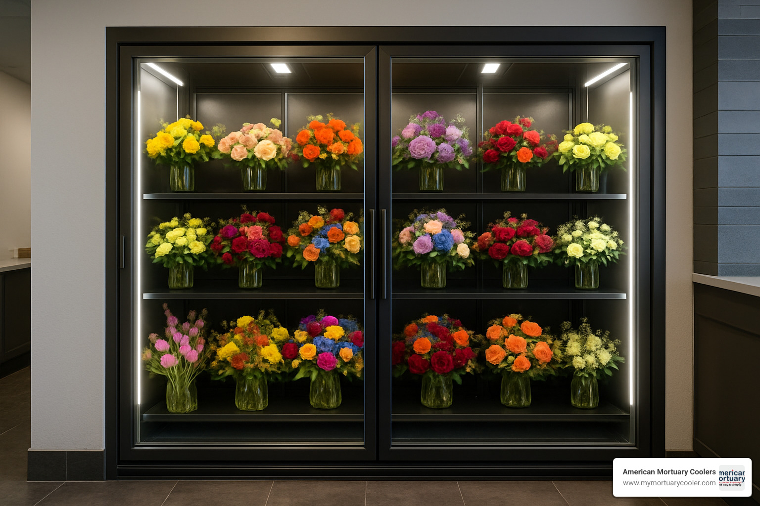 walk-in floral refrigerator with glass doors and LED lighting - floral refrigerator