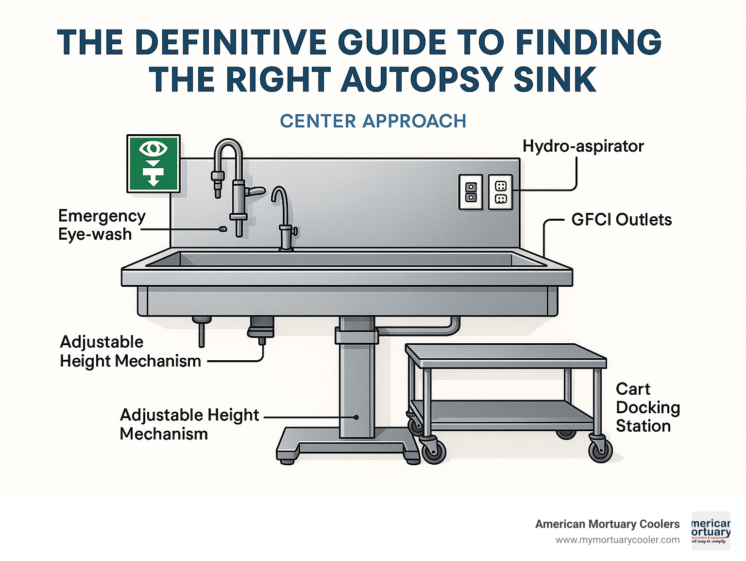 Detailed autopsy sink configuration showing wall-mounted unit with center approach, hydro-aspirator system, adjustable height mechanism, cart docking station, and safety features including GFCI outlets and emergency eye-wash station - autopsy sinks infographic 