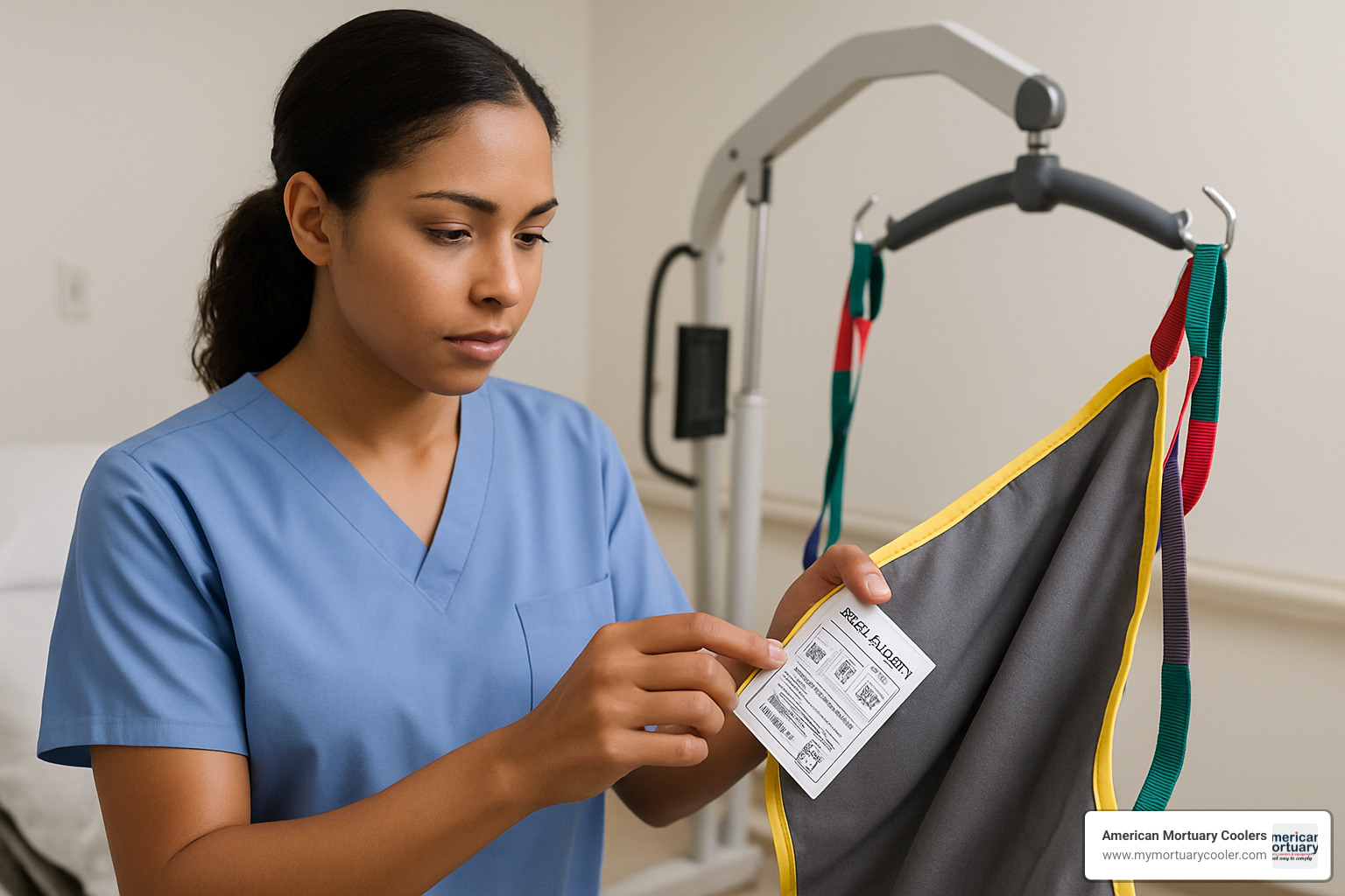 Caregiver checking patient lift sling label for weight capacity and proper attachment points - patient lift 