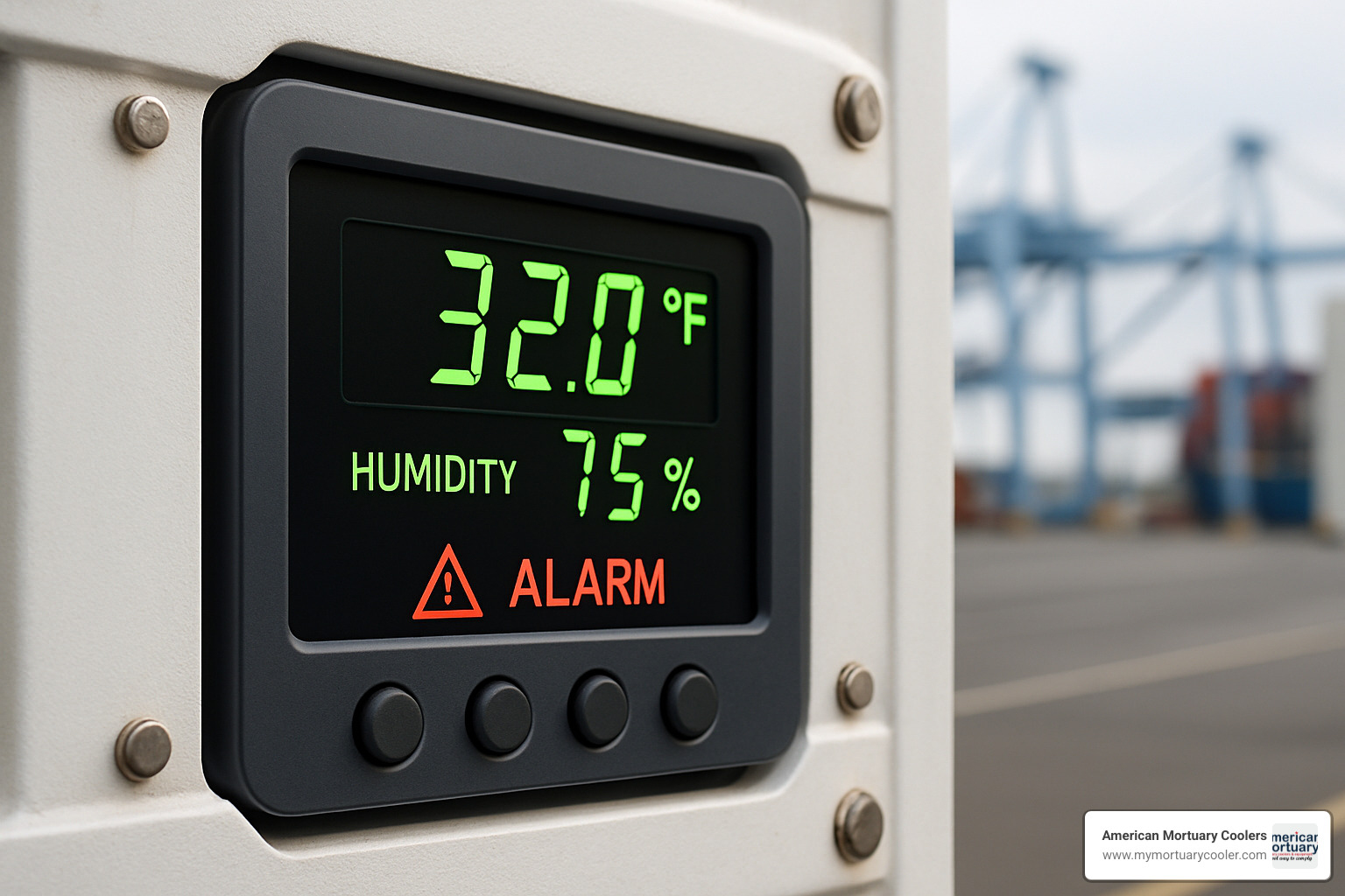 Digital control panel of a modern reefer, showing temperature, humidity, and alarm status - REEFER