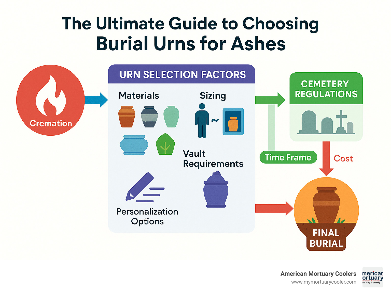 Comprehensive guide showing the journey from cremation to final burial, including urn selection factors like materials, sizing, vault requirements, cemetery regulations, and personalization options with timeline and cost considerations - burial urns for ashes infographic 
