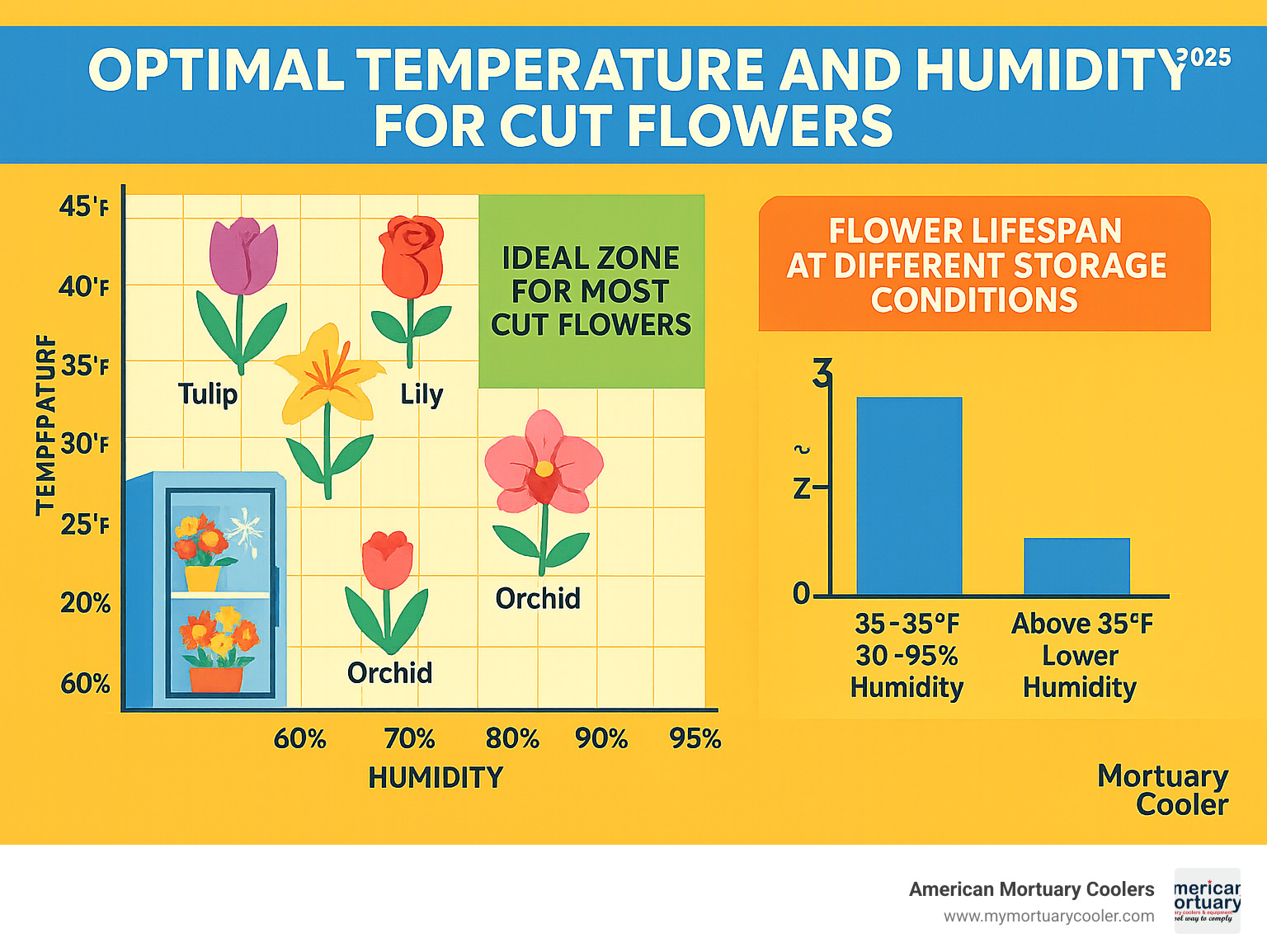 Infographic showing optimal temperature and humidity ranges for different flower types, with 33-35°F and 80-95% humidity highlighted as the ideal zone for most cut flowers, including comparison charts of flower lifespan at different storage conditions - floral refrigerator infographic 