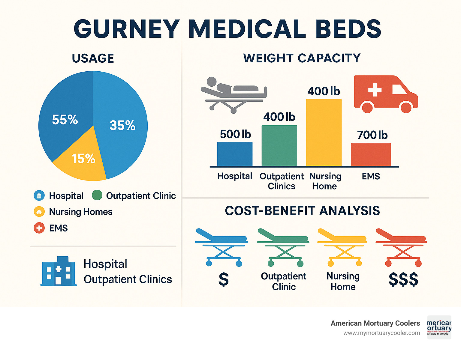 Statistical breakdown showing usage patterns, weight capacity requirements, and cost-benefit analysis across different healthcare facility types using gurnee medical beds - gurnee medical bed infographic 