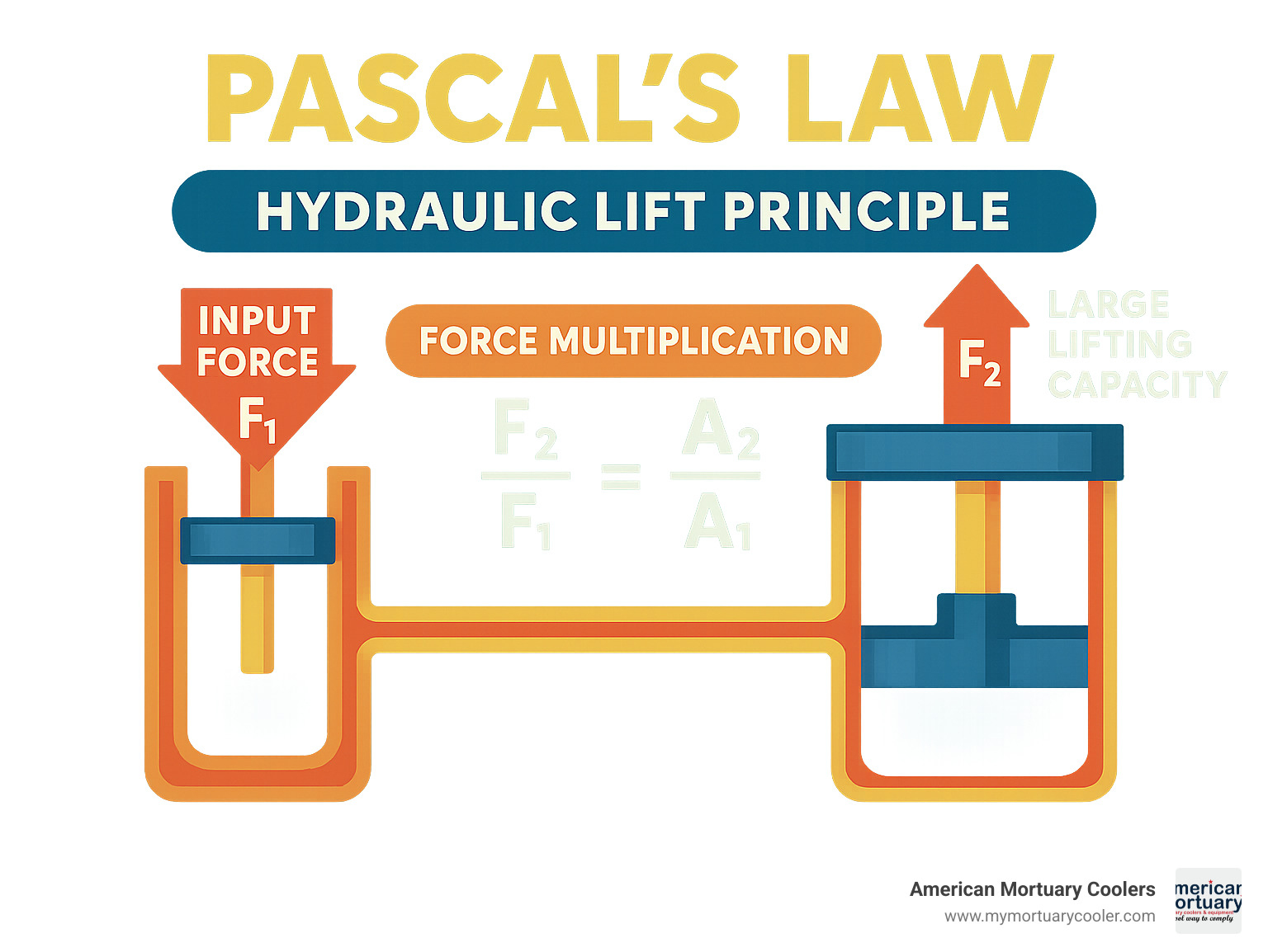Detailed infographic showing Pascal's Law principle with hydraulic cylinders, pistons, and force multiplication ratios demonstrating how small input force creates large lifting capacity in hydrau lift systems - hydrau lift infographic 