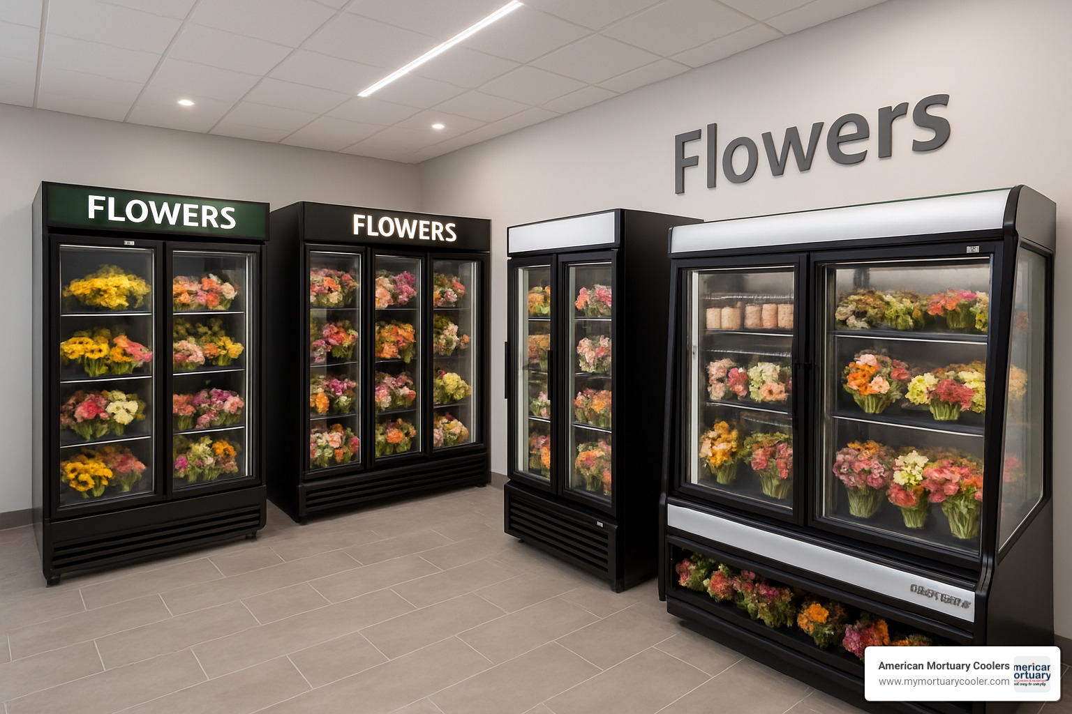 Modern floral refrigerator showroom with various display and storage options - floral refrigerator