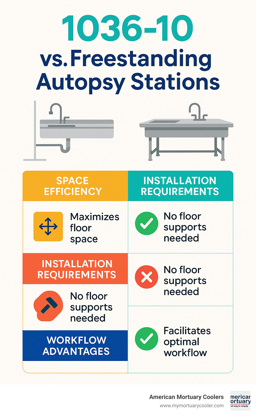 Comparison chart showing 1036-10 wall-mounted station versus freestanding autopsy stations, highlighting space efficiency, installation requirements, and workflow advantages - 1036-10 infographic 