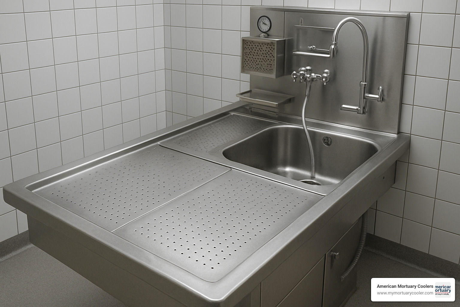 Floor plan showing optimal autopsy sink placement with clearance zones and mechanical service locations - autopsy sinks