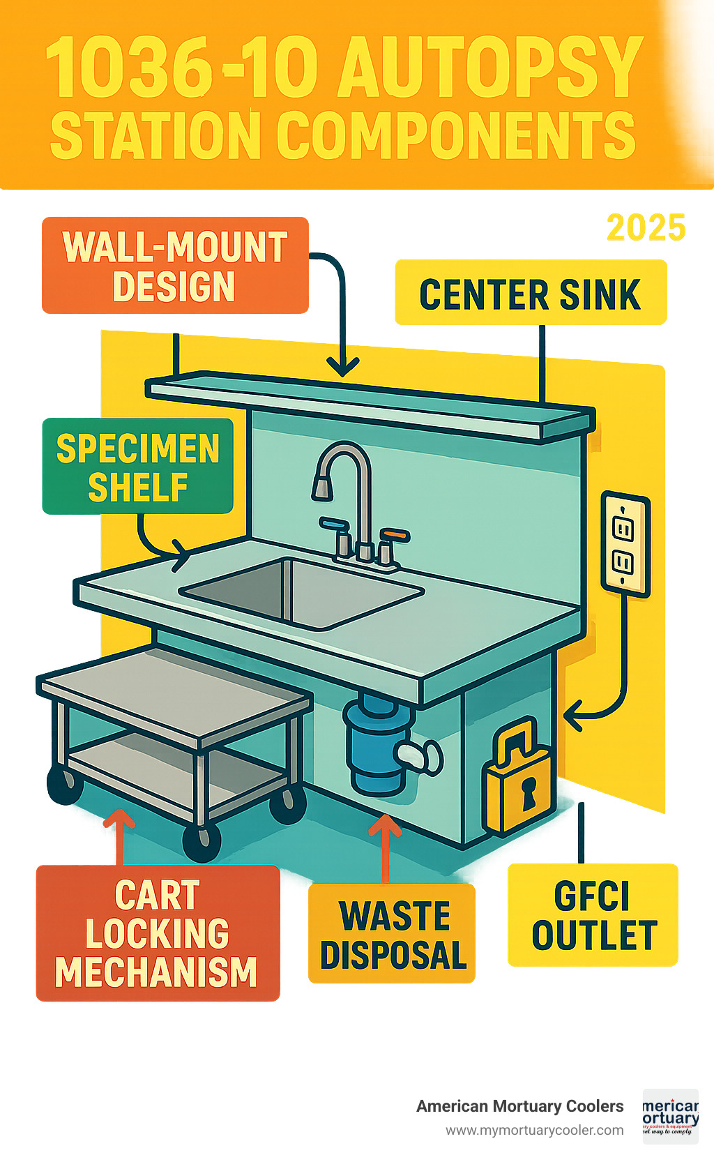 Detailed workflow diagram showing 1036-10 autopsy station components including wall-mount design, center sink placement, specimen shelf positioning, cart locking mechanism, waste disposal system, and electrical safety features with GFCI outlets - 1036-10 infographic 