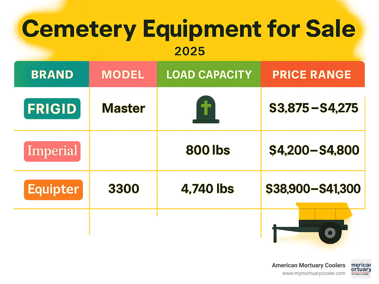 Comparison table of cemetery equipment brands, models, load capacities, and price ranges showing Frigid Master vs Imperial vs Equipter specifications - cemetery equipment for sale infographic 