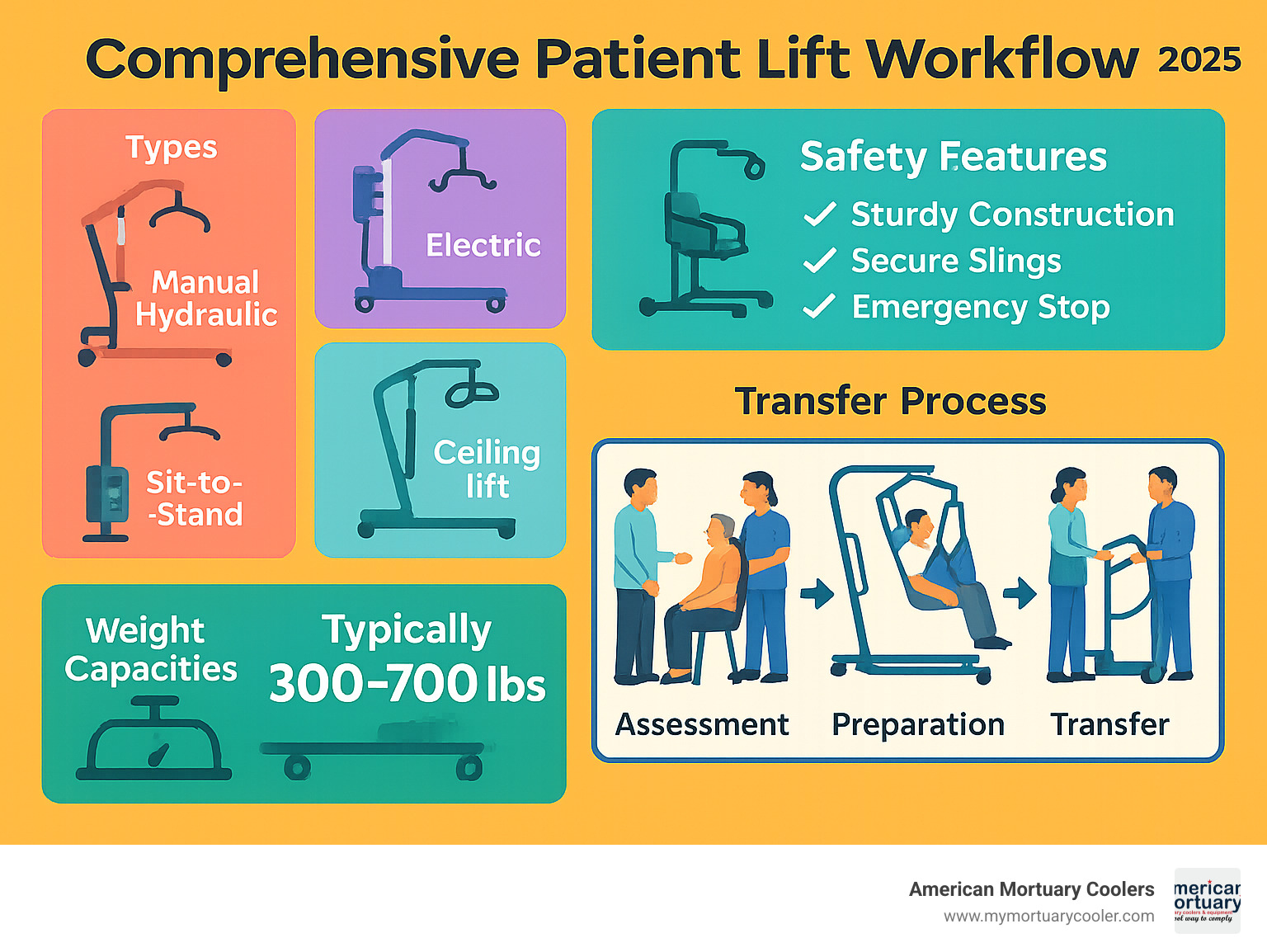 Comprehensive patient lift workflow showing types, safety features, weight capacities, and transfer process from assessment to completion - patient lift  infographic 